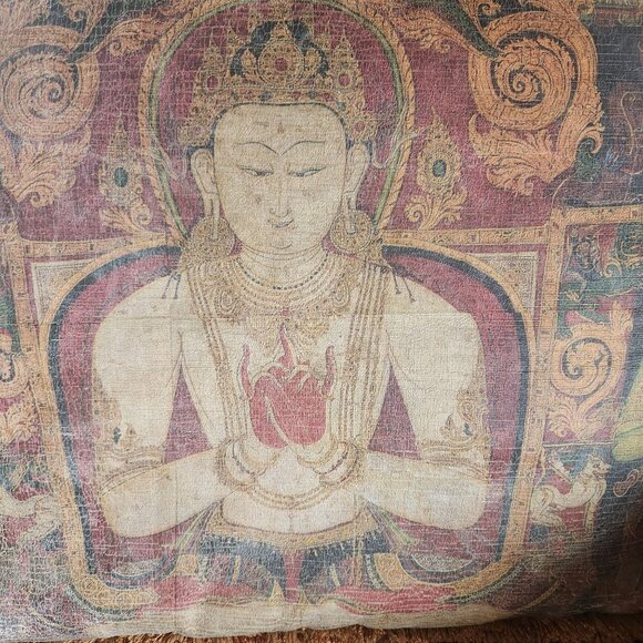 Vintage Buddhist Tapestry Throw Pillow With Fringe Trim 25" x 20" - Picture 2 of 3